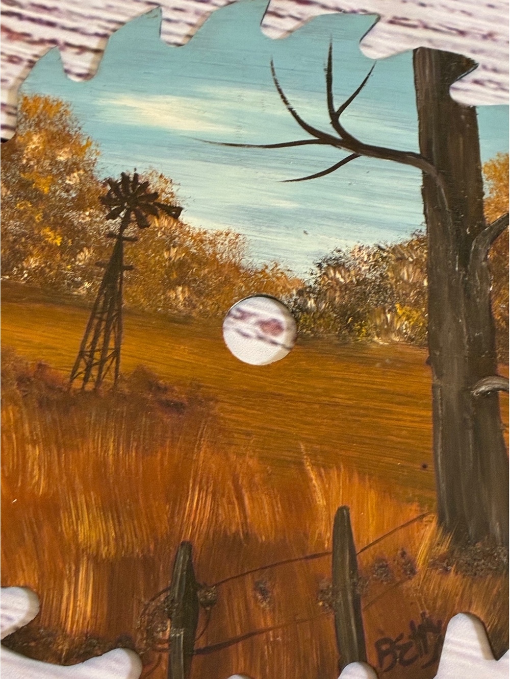 Vintage Hand Painted Saw Blade Art - Autumn Landscape Signed Betty 7.5"